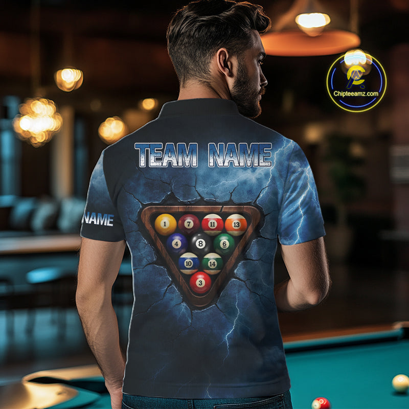 Thunder Lightning Blue Billiard Shirts For Men Custom Cracked 8 Ball Pool Billiard Team Jerseys NYN3044