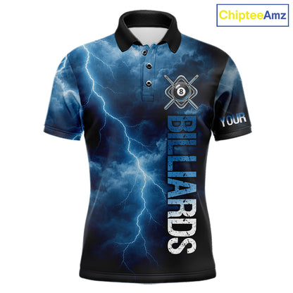 Thunder Lightning Blue Billiard Shirts For Men Custom Cracked 8 Ball Pool Billiard Team Jerseys NYN3044