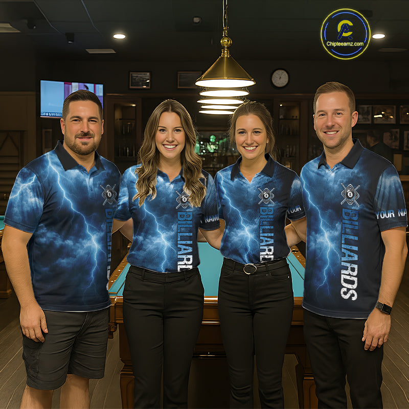 Thunder Lightning Blue Billiard Shirts For Men Custom Cracked 8 Ball Pool Billiard Team Jerseys NYN3044