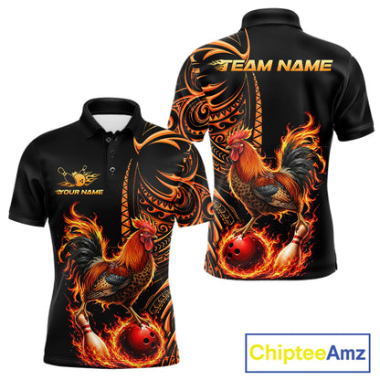 Personalized Flame Rooster Funny Bowling Shirts For Men, Orange Tribal Bowling Shirts Team Uniform NYN4076