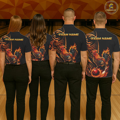 Personalized Flame Rooster Funny Bowling Shirts For Men, Orange Tribal Bowling Shirts Team Uniform NYN4076