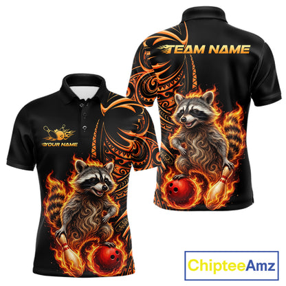 Personalized Flame Raccoon Funny Bowling Shirts For Men, Orange Tribal Bowling Shirts Team Uniform NYN4077