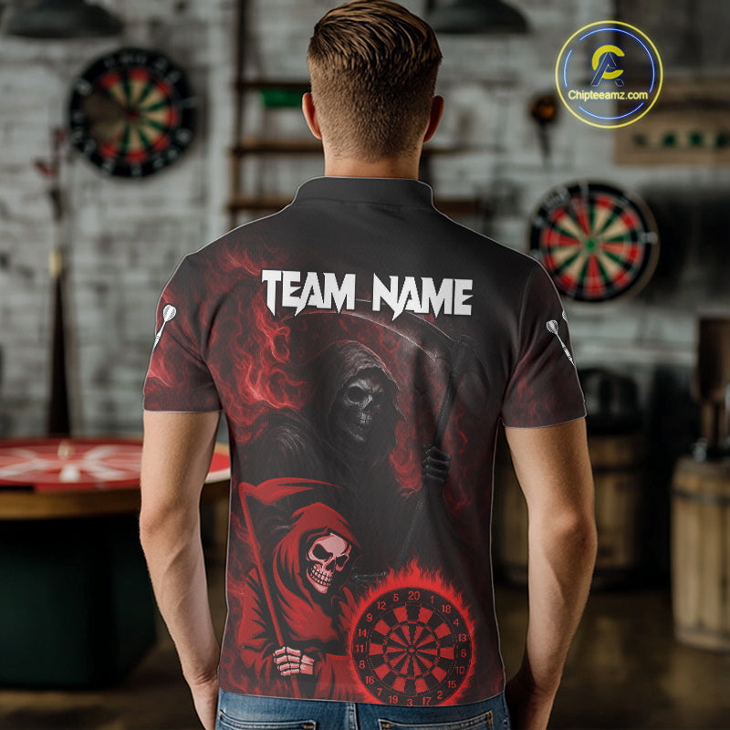 Custom Red Smokes Flame Dartboard Grim Reaper Dart Men Polo Jerseys Dart Team Shirt NYN1656