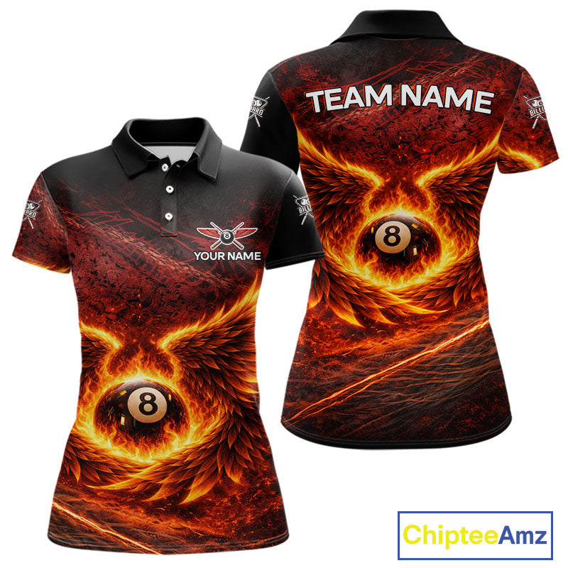 Fire Flame Wings 8 Ball Pool Polo & 1/4-Zip Team Shirt For Women Custom Billiards Ball Apparel NYN2461
