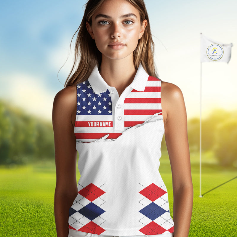 Womens US Flag Golf Shirts Patriotic Golf Jersey Custom Red And Blue Golf Sleeveless Polo Golf Gifts NYN3054