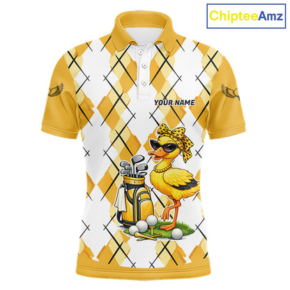 Mens Funny Duck Golfer Polo Golf Shirts Custom White Yellow Argyle Golf Team Attire For Golfers NYN3057