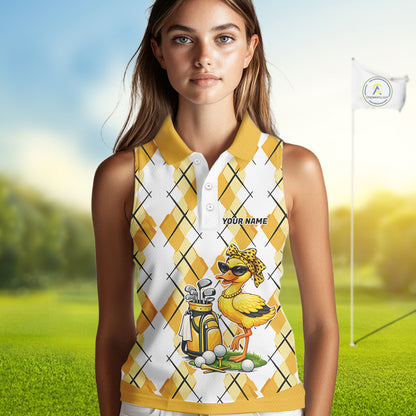 Womens Funny Duck Golfer Sleeveless Polo Golf Shirts Custom White Yellow Argyle Golf Attire For Golfers NYN3057