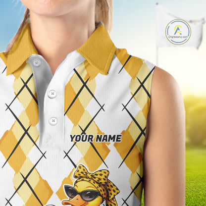 Womens Funny Duck Golfer Sleeveless Polo Golf Shirts Custom White Yellow Argyle Golf Attire For Golfers NYN3057