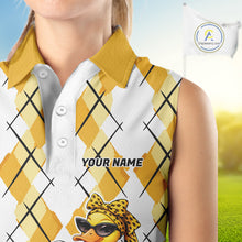 Load image into Gallery viewer, Womens Funny Duck Golfer Sleeveless Polo Golf Shirts Custom White Yellow Argyle Golf Attire For Golfers NYN3057