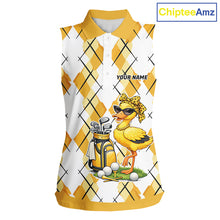 Load image into Gallery viewer, Womens Funny Duck Golfer Sleeveless Polo Golf Shirts Custom White Yellow Argyle Golf Attire For Golfers NYN3057