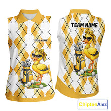 Load image into Gallery viewer, Womens Funny Duck Golfer Sleeveless Polo Golf Shirts Custom White Yellow Argyle Golf Attire For Golfers NYN3057