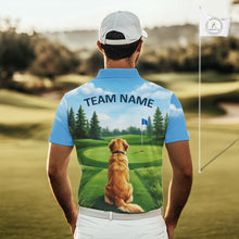 Load image into Gallery viewer, Man wearing Golden Retriever golf polo shirt on golf course matching couples golf outfit