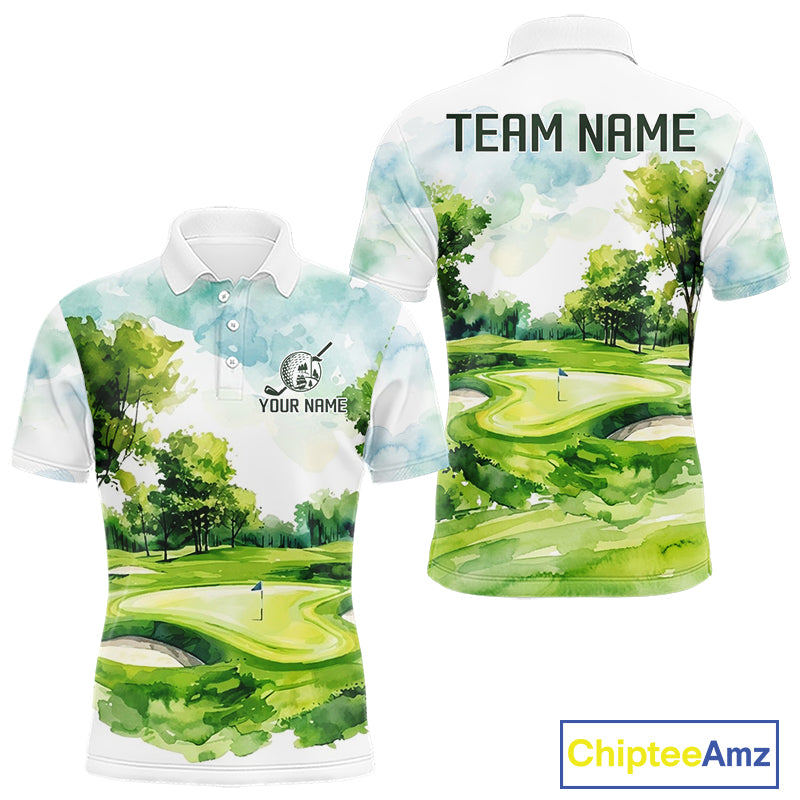 Men's green watercolor golf course polo shirt mockup personalized golf apparel