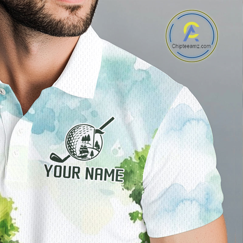 Man wearing watercolor golf course golf polo shirt on fairway