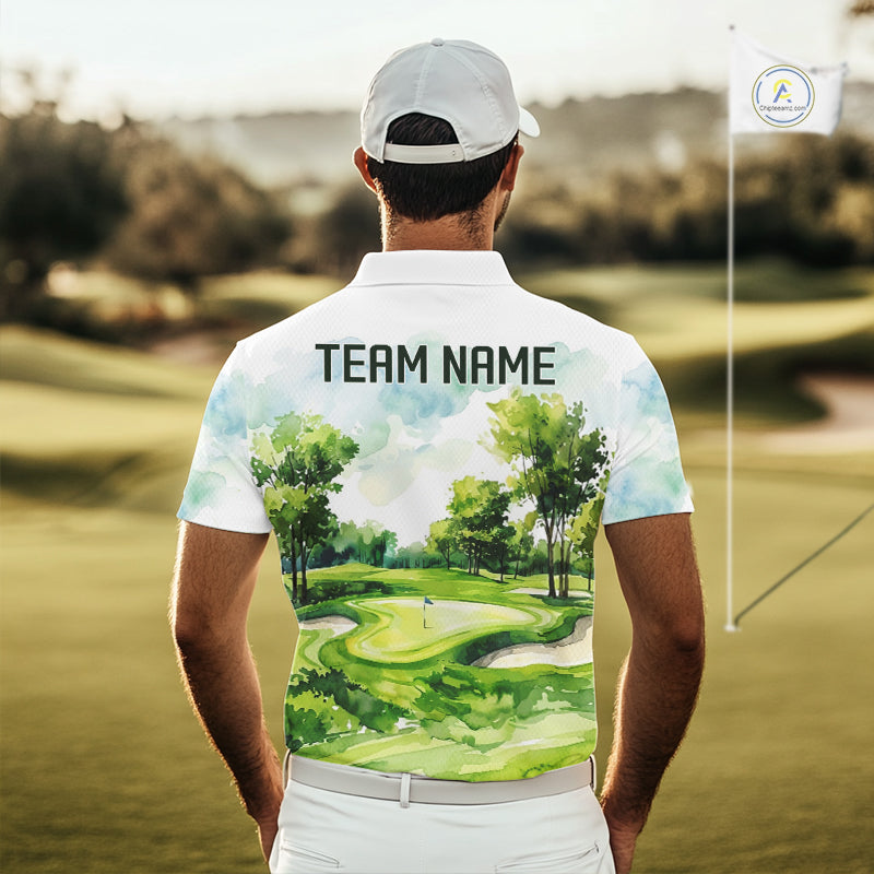 Man wearing watercolor golf course golf polo shirt on fairway