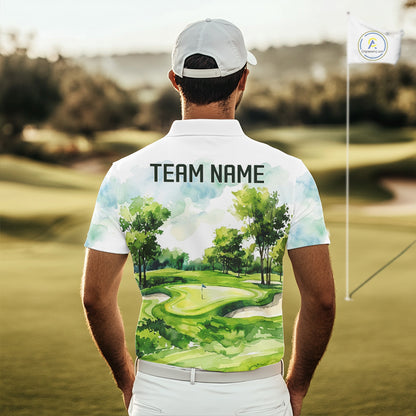 Man wearing watercolor golf course golf polo shirt on fairway