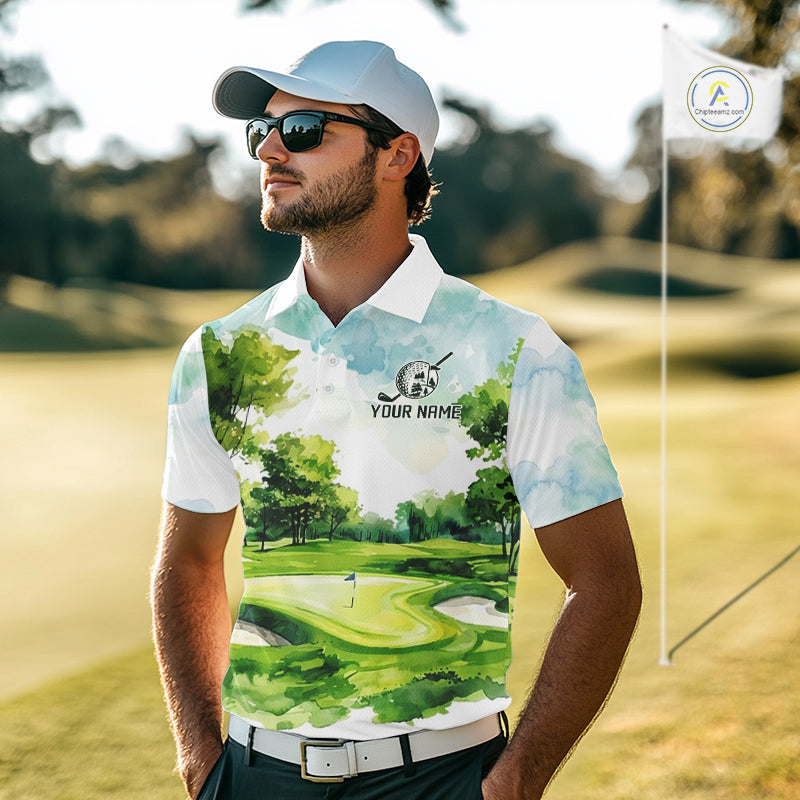 Man wearing watercolor golf course golf polo shirt on fairway