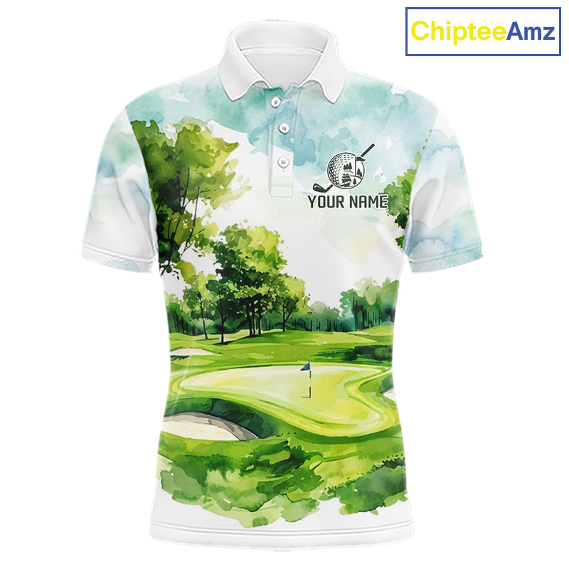 Men's green watercolor golf course polo shirt mockup personalized golf apparel