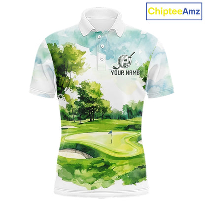 Men's green watercolor golf course polo shirt mockup personalized golf apparel