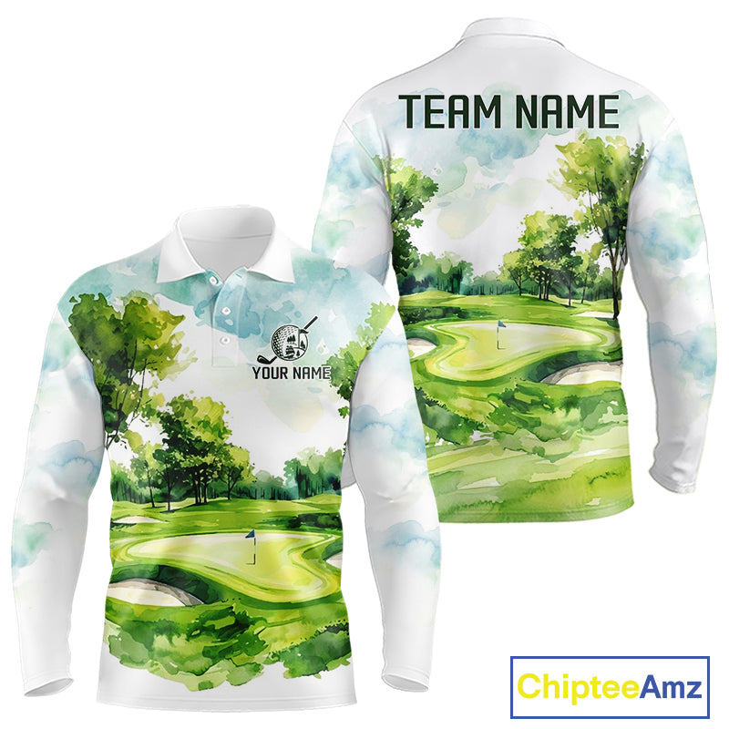 Men's green watercolor golf course polo shirt mockup personalized golf apparel