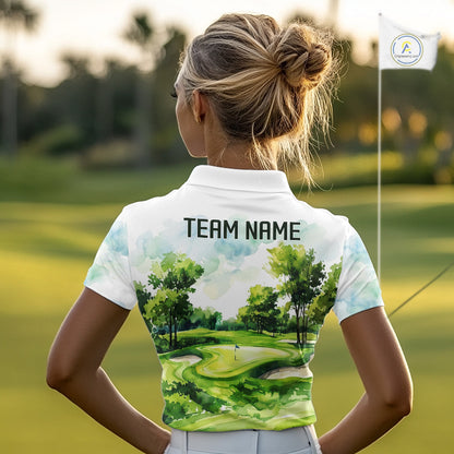 Woman wearing watercolor golf course golf polo shirt on fairway
