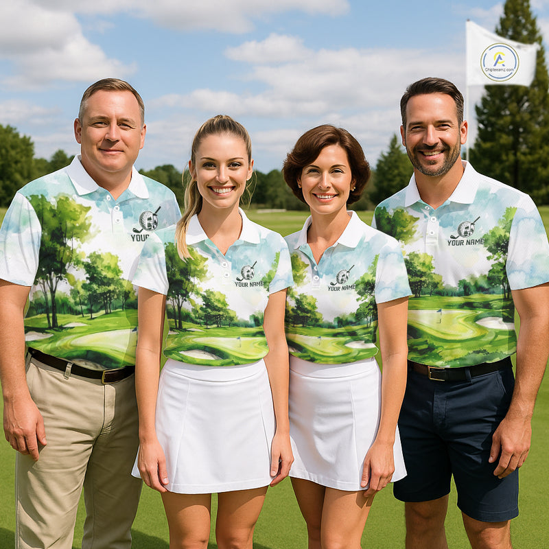 Men's golf team wearing green watercolor golf course polo shirts