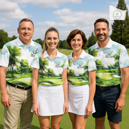 Men's golf team wearing green watercolor golf course polo shirts