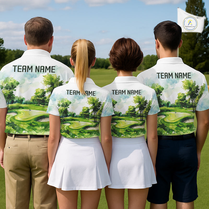 Men's golf team wearing green watercolor golf course polo shirts