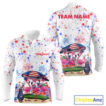 Load image into Gallery viewer, Men's golf polo mockup featuring American Flag with pink flamingo graphics, personalized golf shirt for patriotic golf tournaments, golf teams and country club championships. Appeals to American pride, beach lifestyle and tropical fashion lovers.
