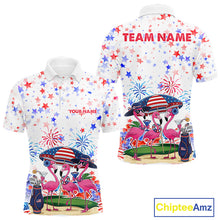 Load image into Gallery viewer, Men's golf polo mockup featuring American Flag with pink flamingo graphics, personalized golf shirt for patriotic golf tournaments, golf teams and country club championships. Appeals to American pride, beach lifestyle and tropical fashion lovers.