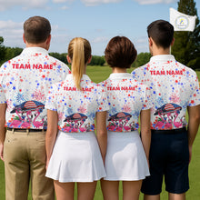 Load image into Gallery viewer, Golf team wearing matching American Flag flamingo golf polos during Independence Day tournament, personalized golf uniforms symbolizing unity, patriotism, teamwork, friendship and championship spirit.