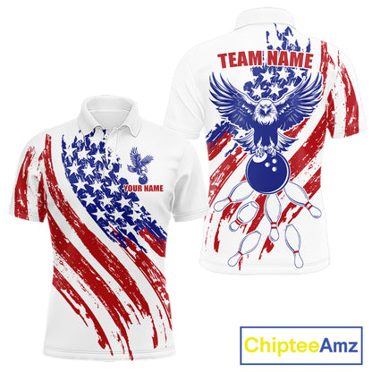 Man wearing distressed American Flag Eagle bowling polo with custom team name, grunge patriotic design, breathable performance shirt, bowling league apparel, USA heritage clothing, veteran tribute sports jersey.