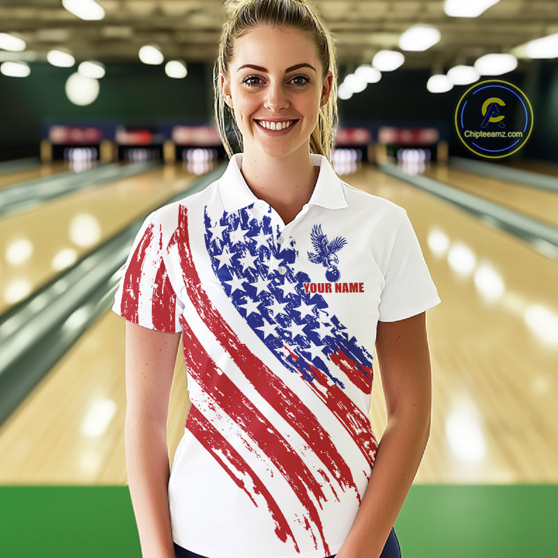 Female athlete modeling vintage patriotic eagle bowling shirt in bowling alley, Americana aesthetic, freedom symbol, custom bowling fashion, patriotic sports outfit, Memorial Day, Veterans Day apparel.