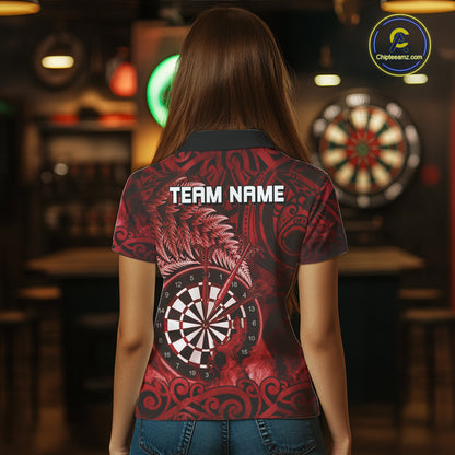 Personalized Fern Leaves Red Fire Tribal Dart Polo Shirts For Women Dart Team Jerseys NYN2192