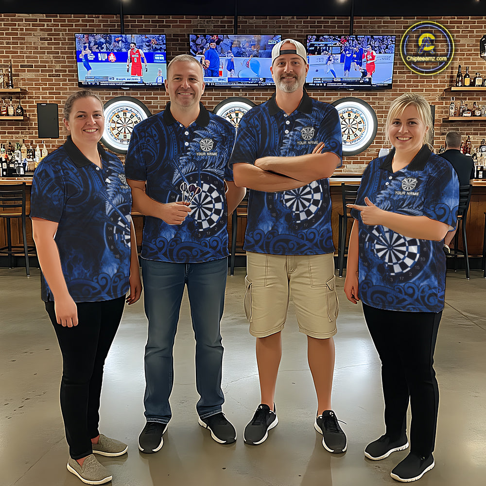 Personalized Fern Leaves Blue Fire Tribal Dart Polo Shirts For Men Dart Team Jerseys NYN2193