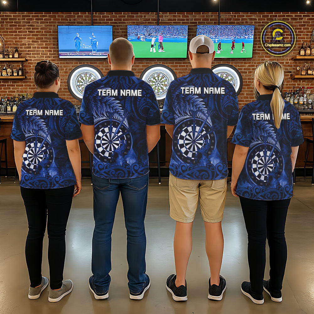 Personalized Fern Leaves Blue Fire Tribal Dart Polo Shirts For Men Dart Team Jerseys NYN2193