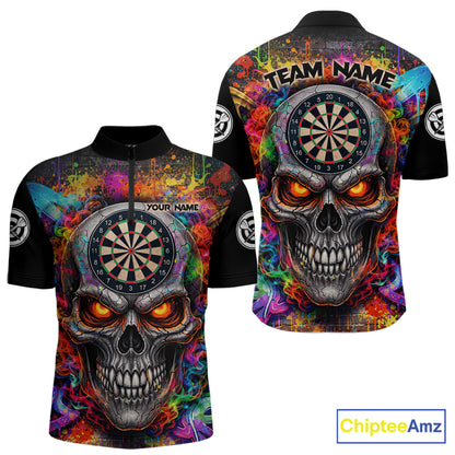 Colorful Smoke Cracked Skull Dartboard Dart 1/4-Zip Shirts For Men Custom Splatter Dart Team Shirts NYN2682