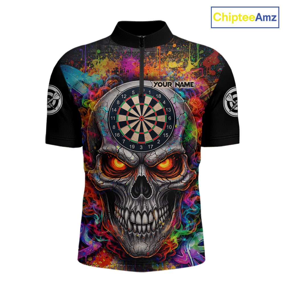 Colorful Smoke Cracked Skull Dartboard Dart 1/4-Zip Shirts For Men Custom Splatter Dart Team Shirts NYN2682