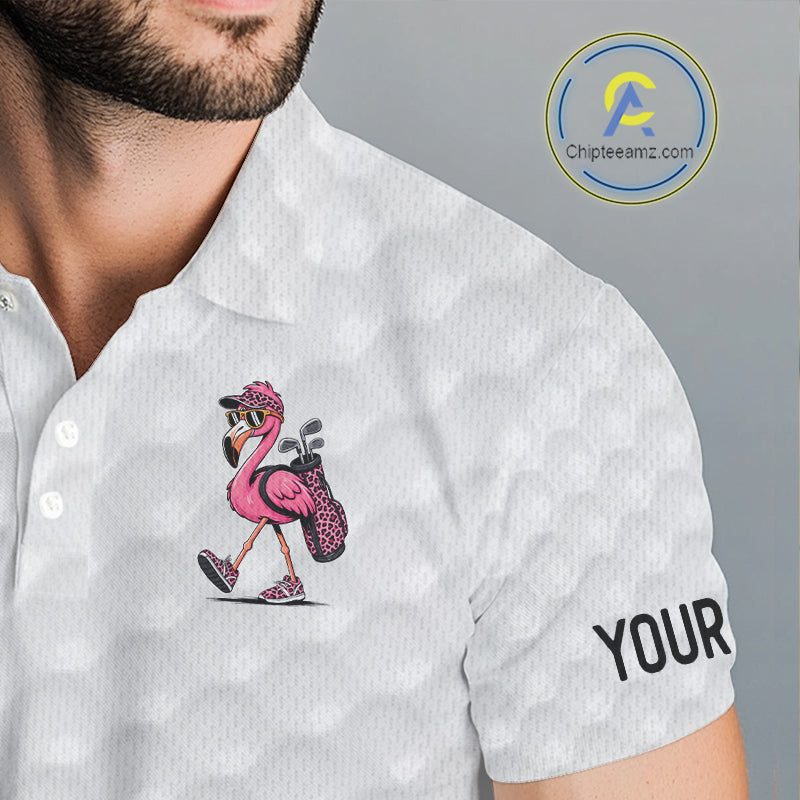 Camouflage Mens Golf Polo Shirt Custom Pink Funny Flamingo Pattern White Golf Team Shirts NYN2835