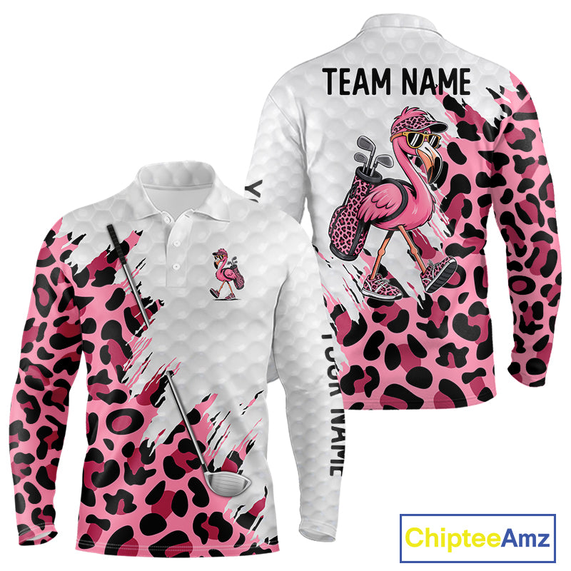 Camouflage Mens Golf Polo Shirt Custom Pink Funny Flamingo Pattern White Golf Team Shirts NYN2835