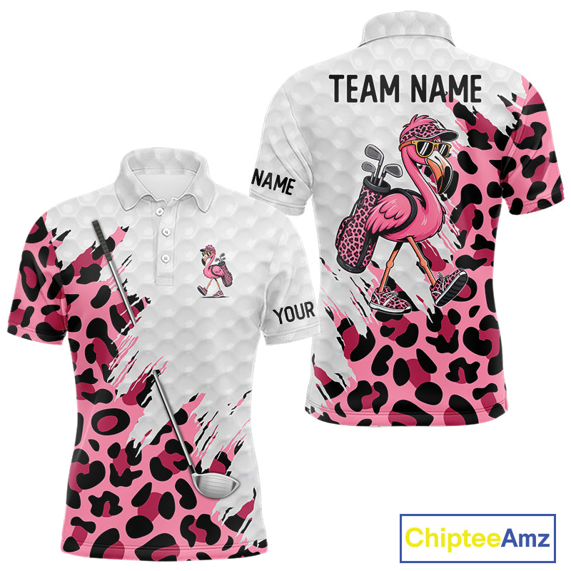 Camouflage Mens Golf Polo Shirt Custom Pink Funny Flamingo Pattern White Golf Team Shirts NYN2835