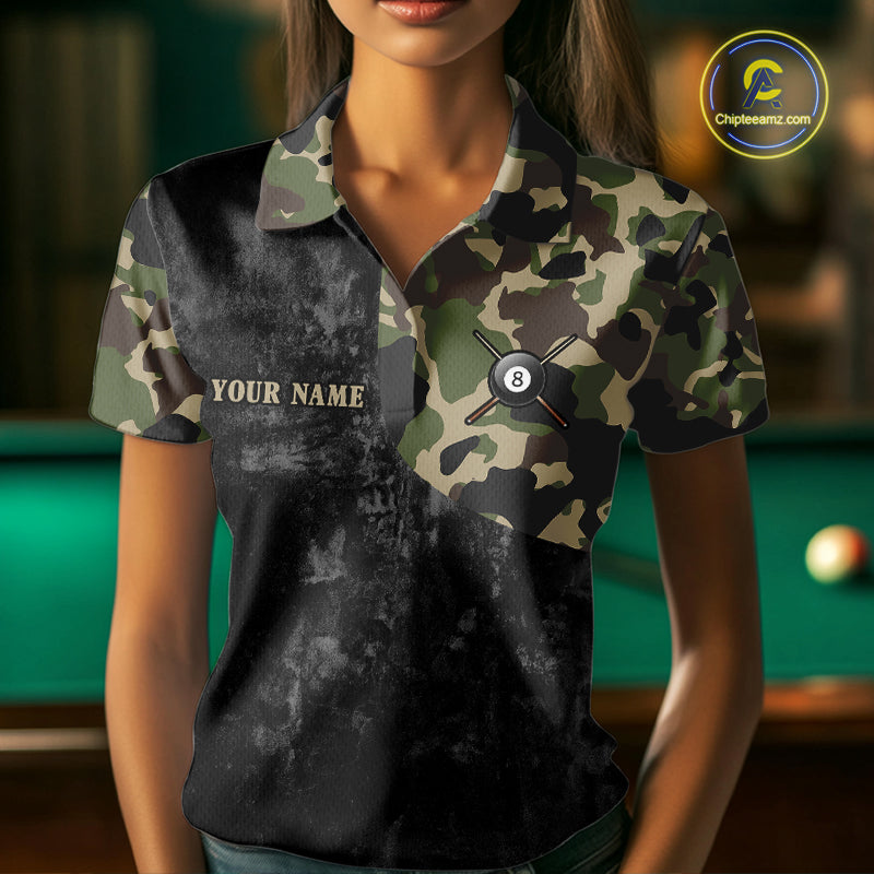 Black Grunge Camouflage Billiard Pool Shirt For Women Custom 8 Ball Billiard Team Jersey NYN3065