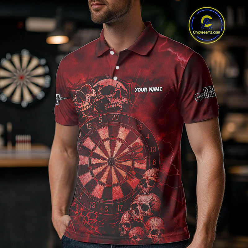Custom Grunge Red Dartboard Multi-Skull Dart Men Polo Shirt Dart Team Jerseys NYN1622