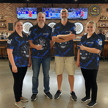 Load image into Gallery viewer, Men's dart team wearing smile dartboard blue smoke dart jerseys custom uniforms
