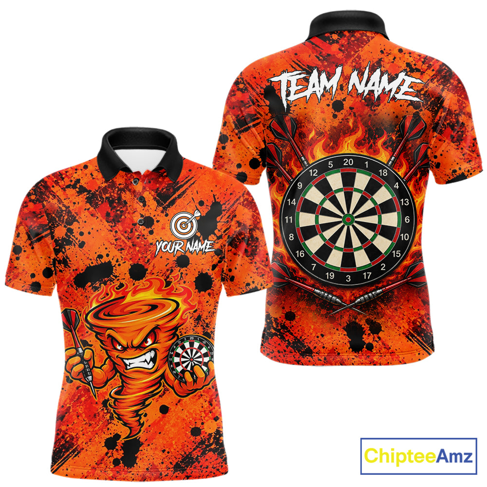 Men's fire flame tornado dart polo shirt mockup orange splatter dart jersey