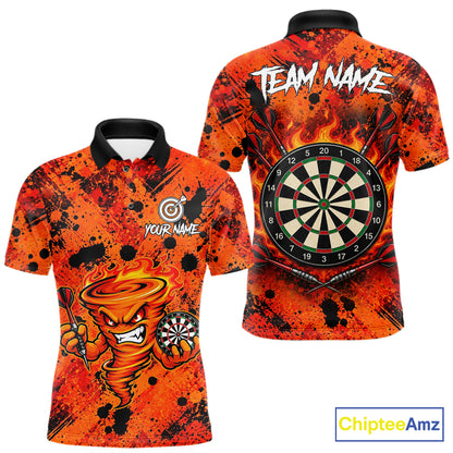 Men's fire flame tornado dart polo shirt mockup orange splatter dart jersey