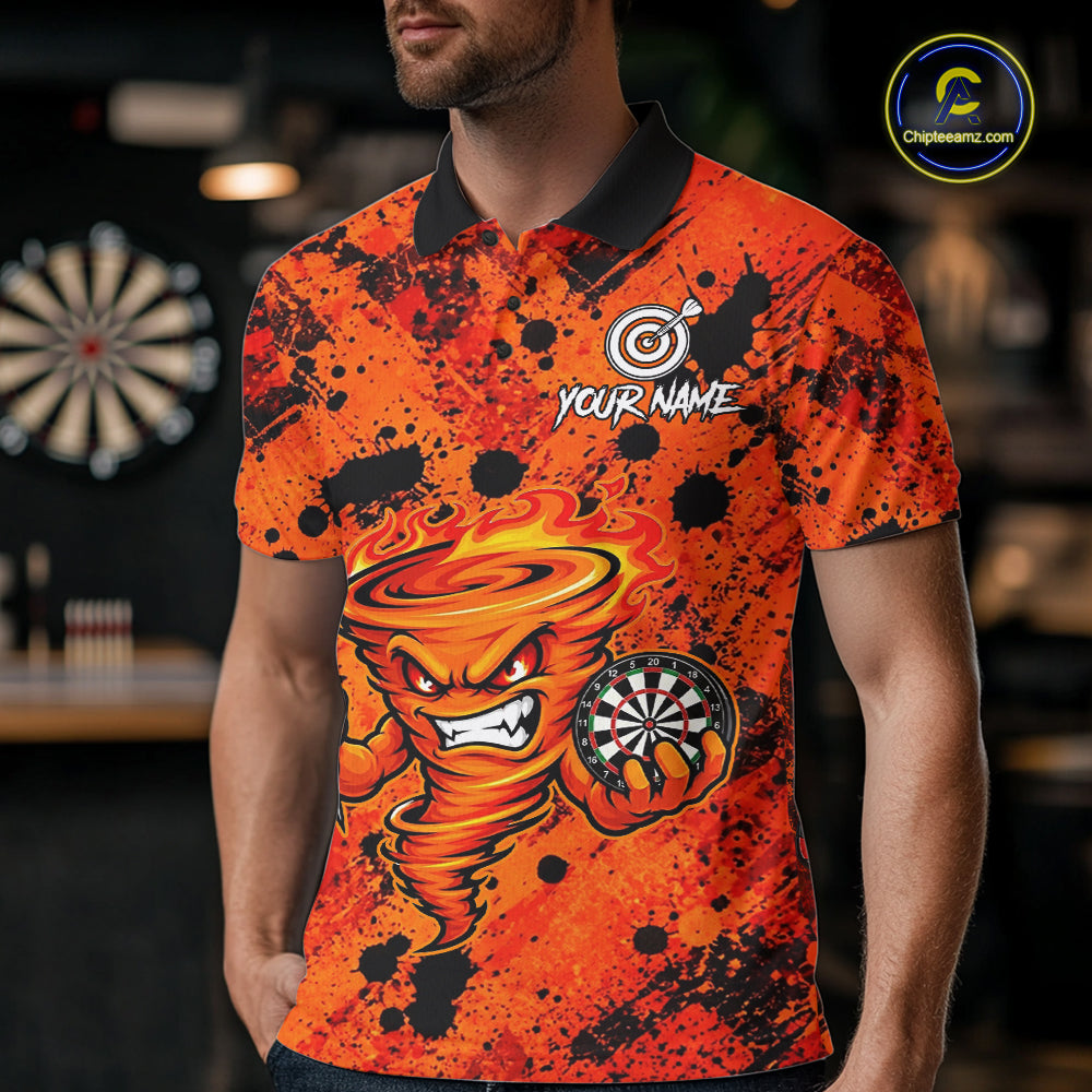 Man wearing fire flame tornado orange dart shirt custom apparel