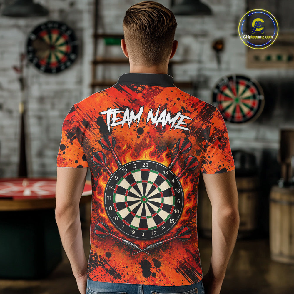 Man wearing fire flame tornado orange dart shirt custom apparel
