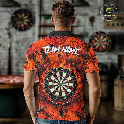 Man wearing fire flame tornado orange dart shirt custom apparel