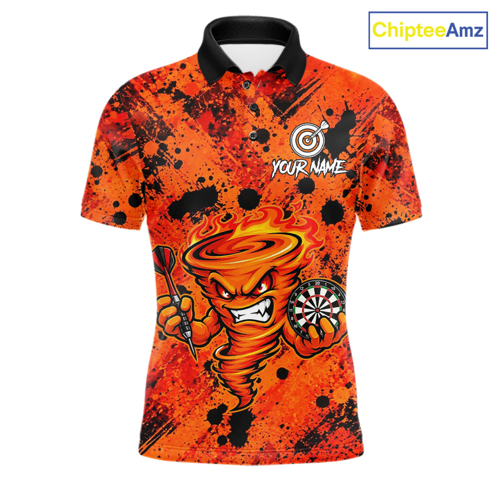 Men's fire flame tornado dart polo shirt mockup orange splatter dart jersey